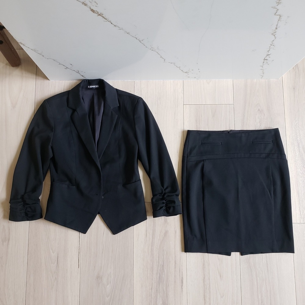 Express Skirt Suit Set Womens 0 00 Black Ruched Sleeve Blazer Pencil Midi Y2K